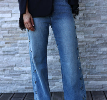 calça wide leg com brilhos