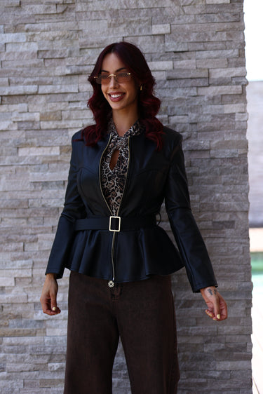 Faux leather jacket with ruffle