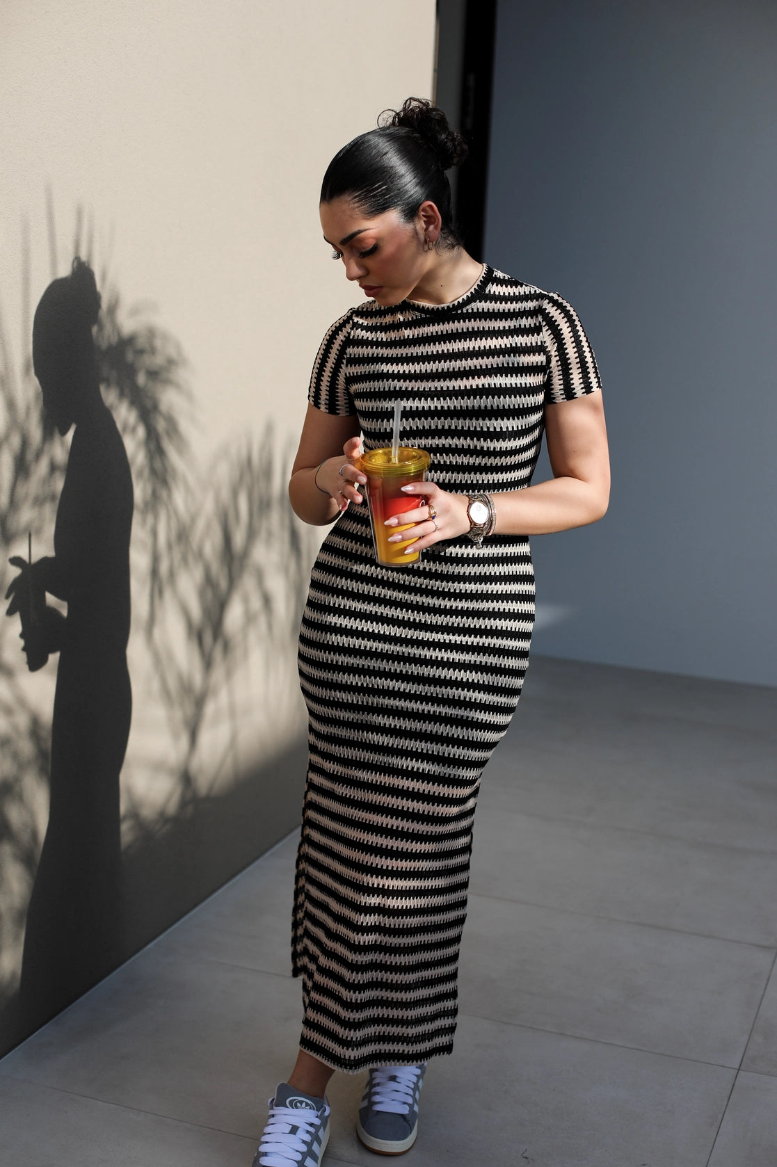 Fitted striped long dress