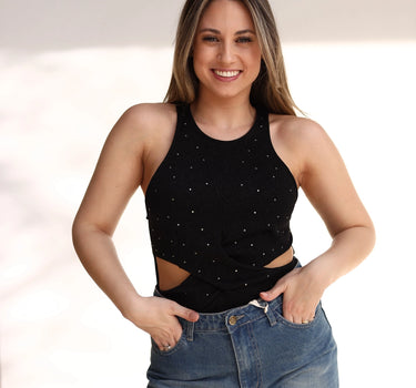 Body em brilho com aberturas Open