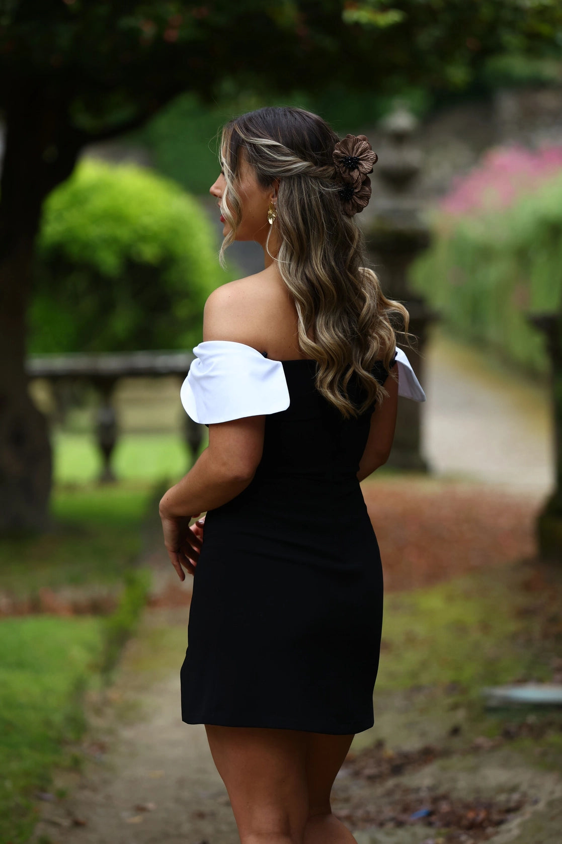 Bardot neckline dress with Imperial bow